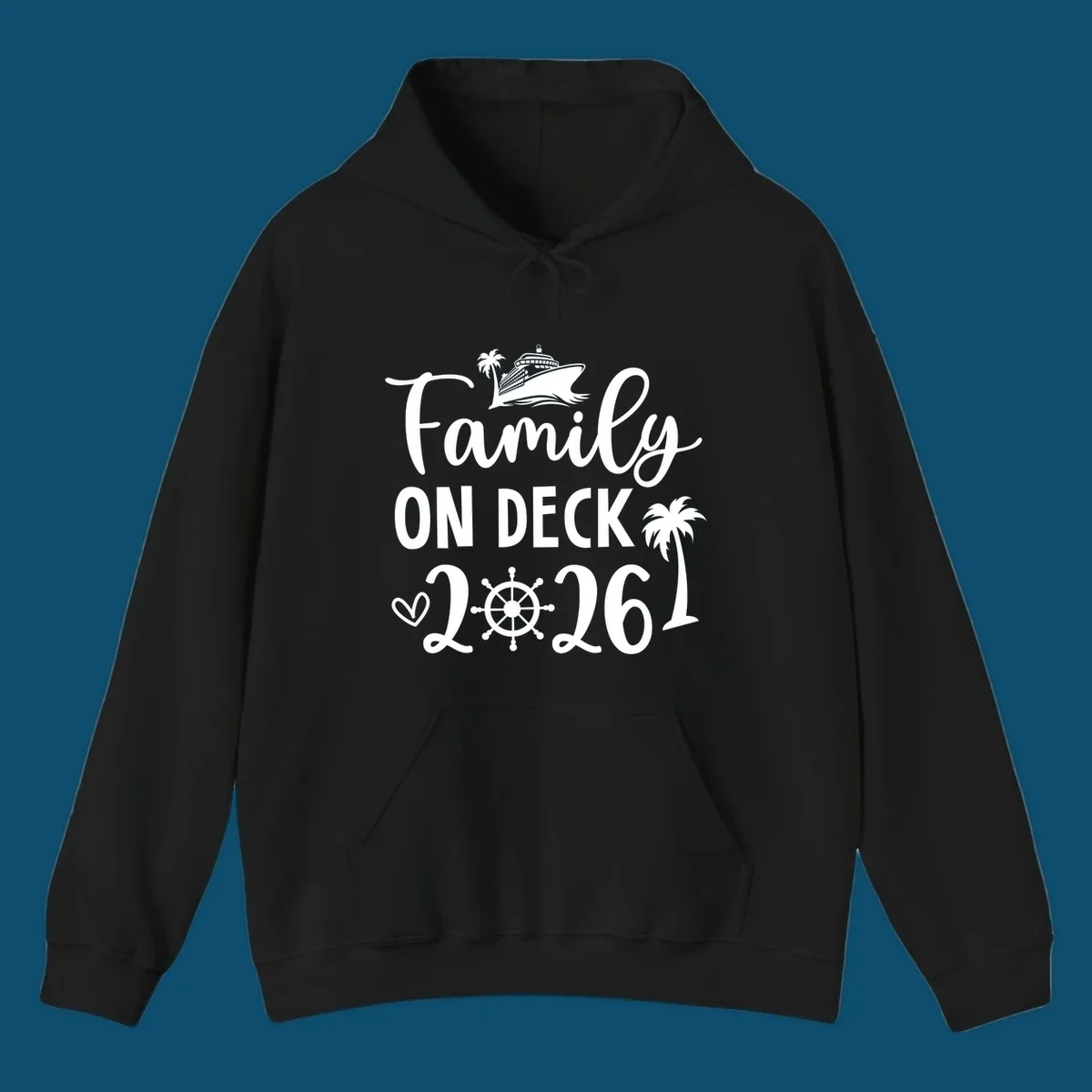 A design with the text 'Family ON DECK 2026', a cruise ship, palm trees, a heart, and a ship's wheel, representing a family-on-deck-2026-cruise.
