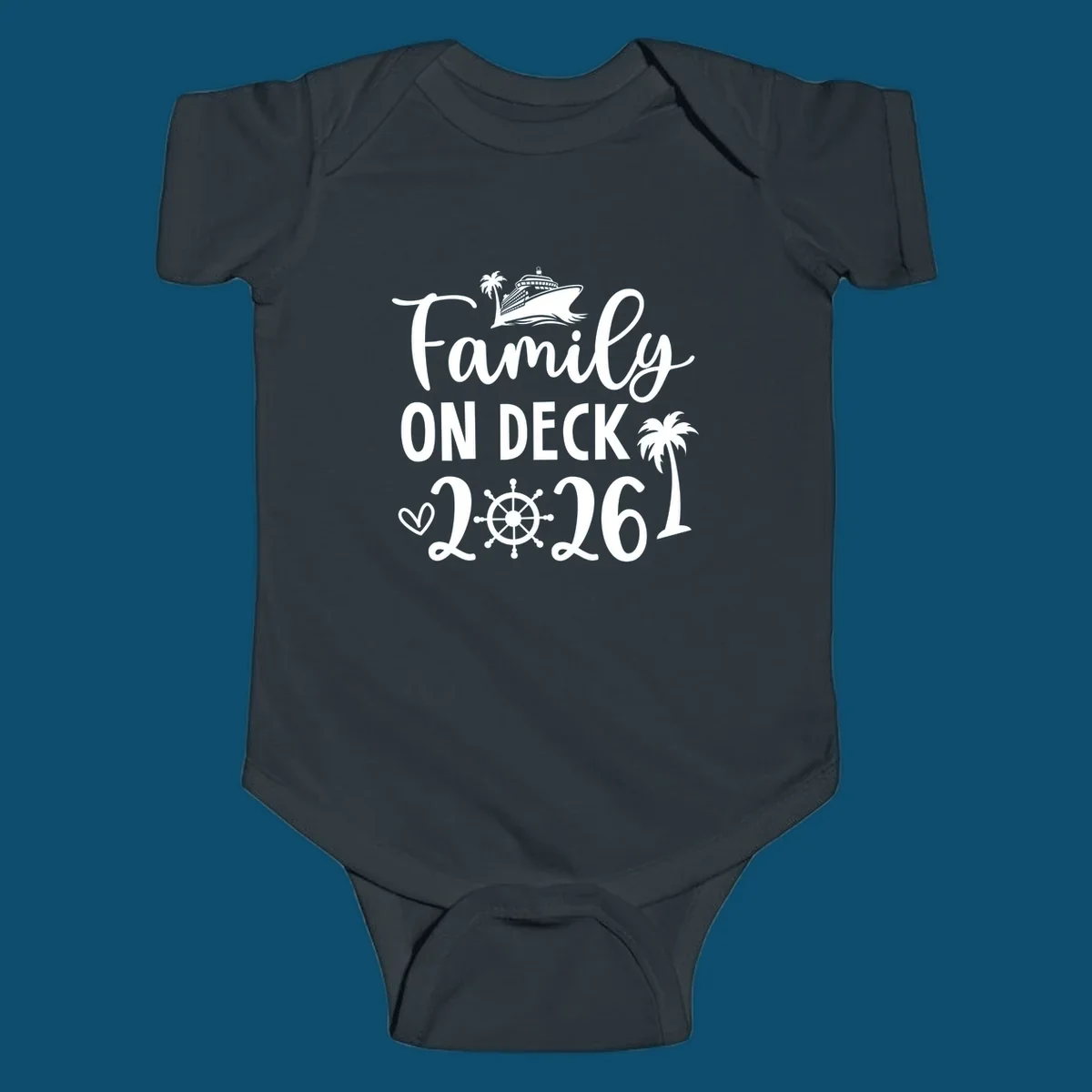 A design with the text 'Family ON DECK 2026', a cruise ship, palm trees, a heart, and a ship's wheel, representing a family-on-deck-2026-cruise.