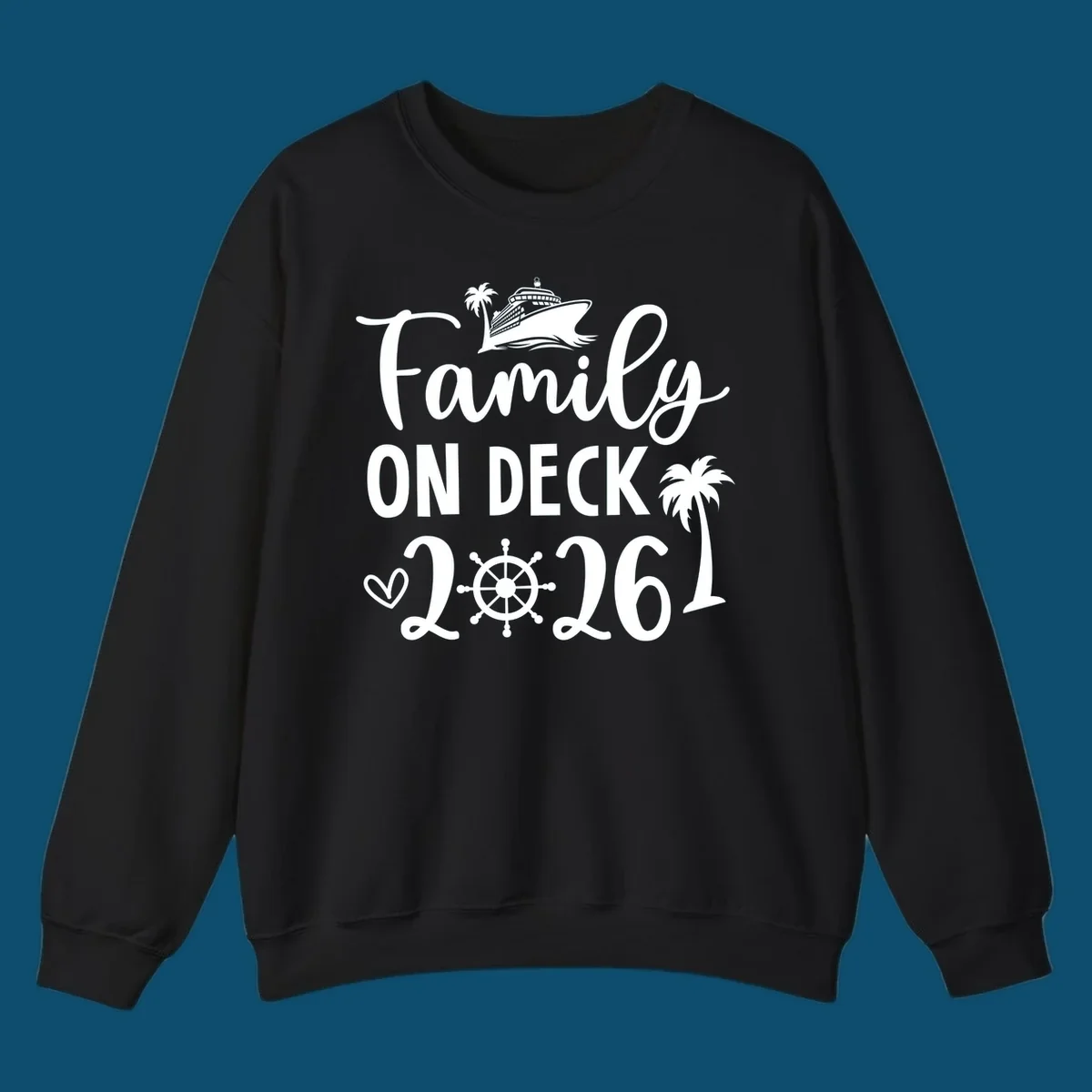 A design with the text 'Family ON DECK 2026', a cruise ship, palm trees, a heart, and a ship's wheel, representing a family-on-deck-2026-cruise.