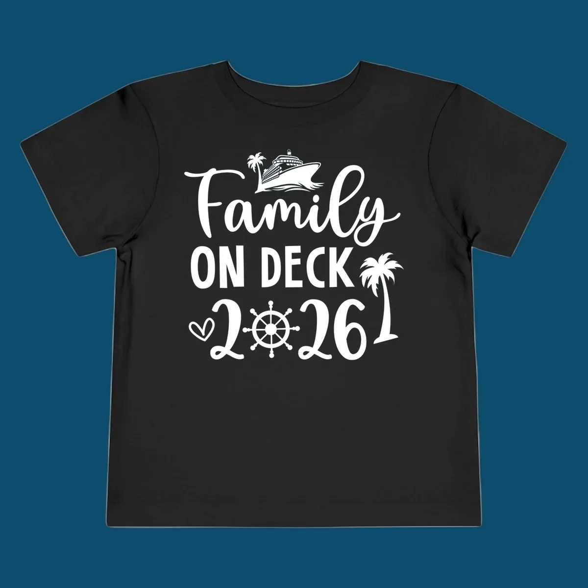 A design with the text 'Family ON DECK 2026', a cruise ship, palm trees, a heart, and a ship's wheel, representing a family-on-deck-2026-cruise.