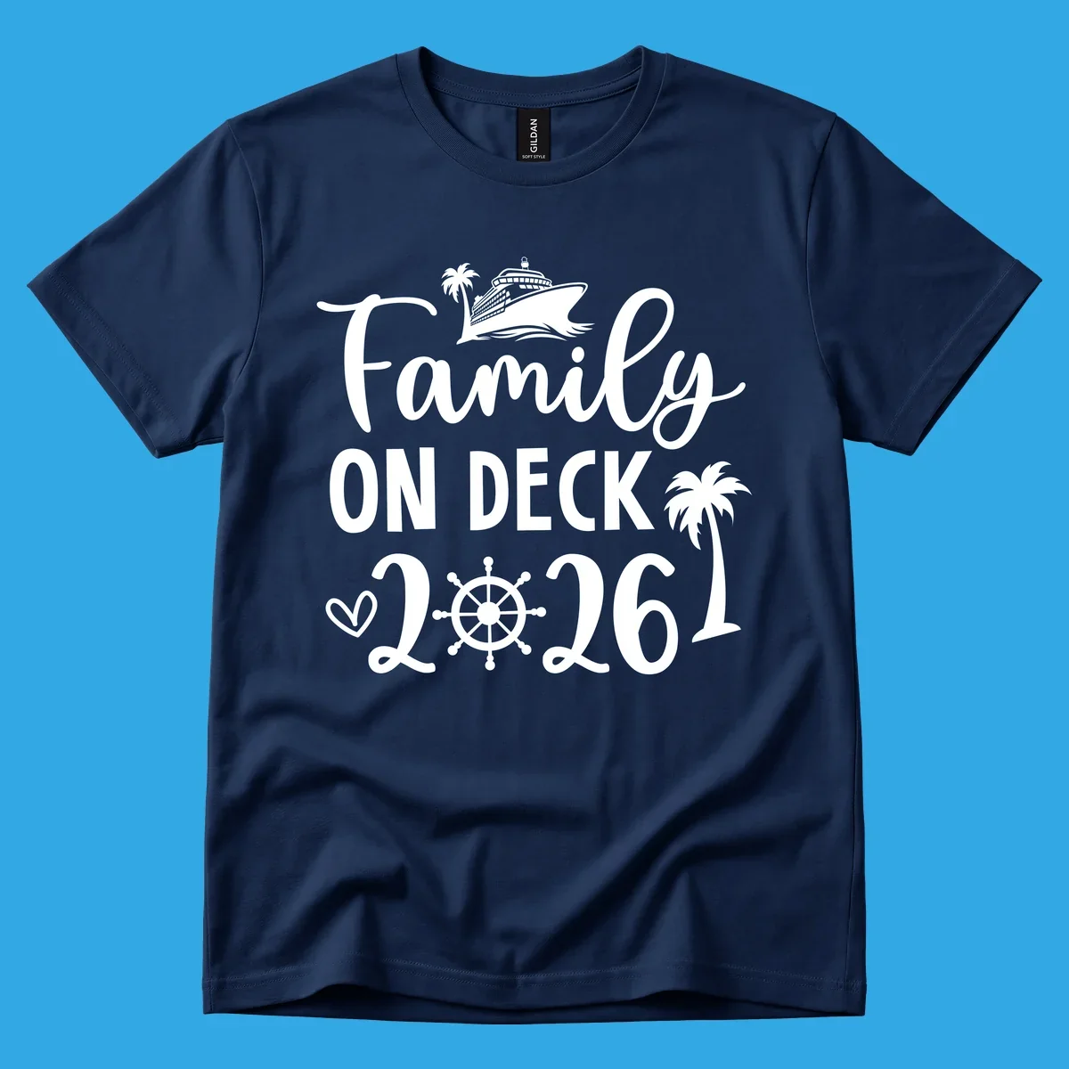 A design with the text 'Family ON DECK 2026', a cruise ship, palm trees, a heart, and a ship's wheel, representing a family-on-deck-2026-cruise.