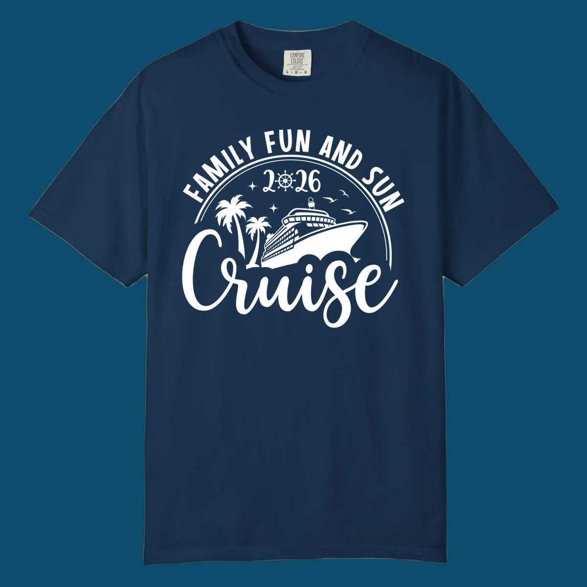 A circular badge design for a family fun and sun cruise 2026, featuring a cruise ship, palm trees, and the text 'Cruise'.