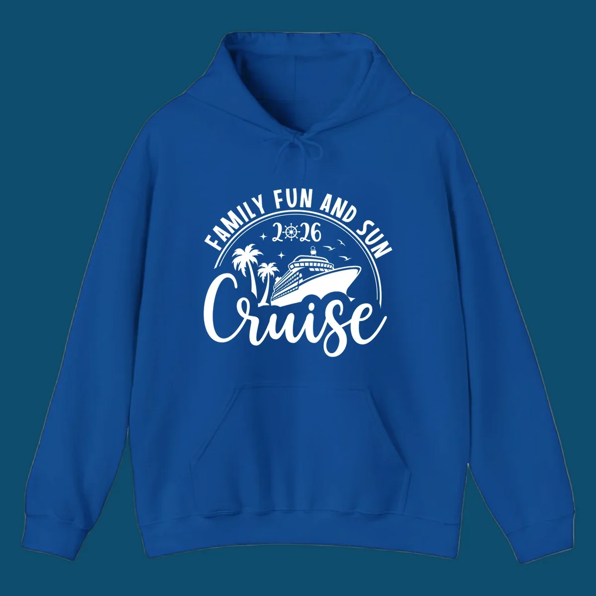 A circular badge design for a family fun and sun cruise 2026, featuring a cruise ship, palm trees, and the text 'Cruise'.