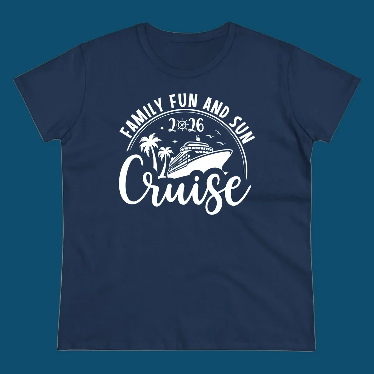 A circular badge design for a family fun and sun cruise 2026, featuring a cruise ship, palm trees, and the text 'Cruise'.