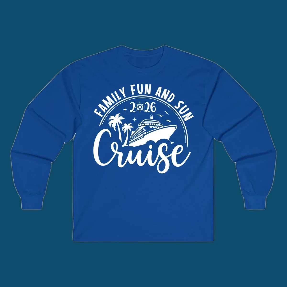 A circular badge design for a family fun and sun cruise 2026, featuring a cruise ship, palm trees, and the text 'Cruise'.