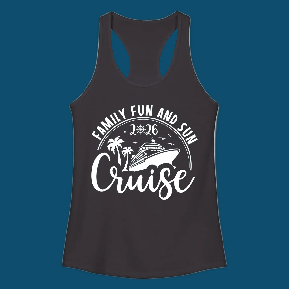 A circular badge design for a family fun and sun cruise 2026, featuring a cruise ship, palm trees, and the text 'Cruise'.