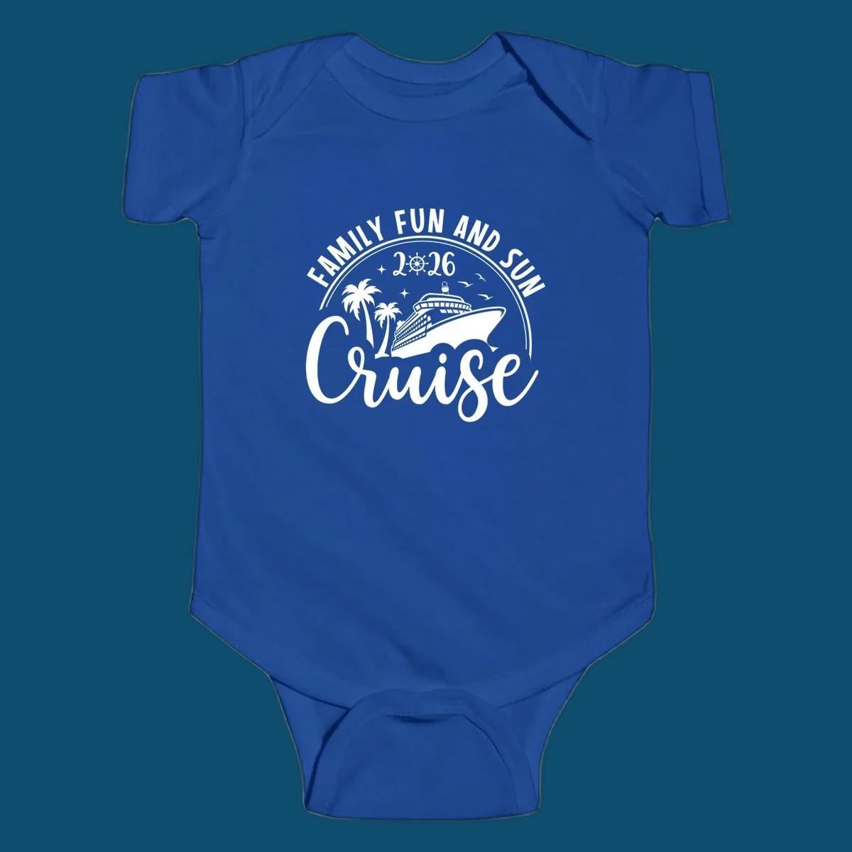 A circular badge design for a family fun and sun cruise 2026, featuring a cruise ship, palm trees, and the text 'Cruise'.