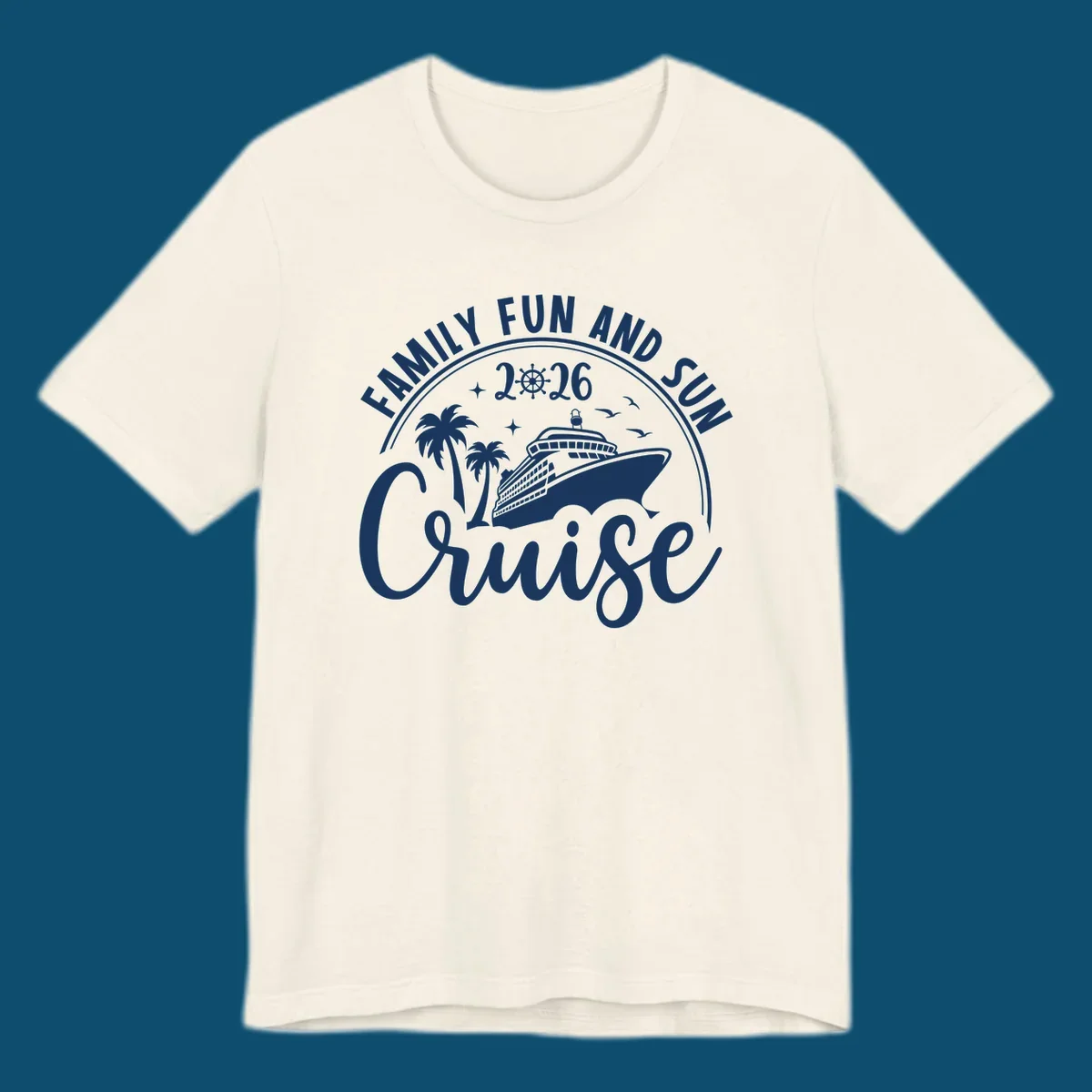 A circular badge design for a family fun and sun cruise 2026, featuring a cruise ship, palm trees, and the text 'Cruise'.