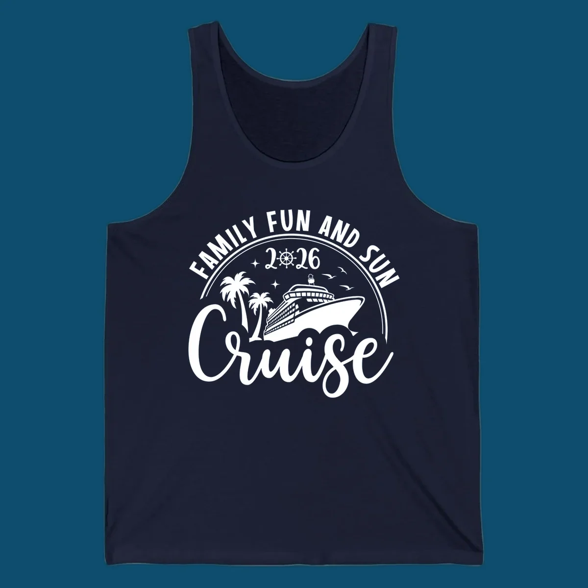 A circular badge design for a family fun and sun cruise 2026, featuring a cruise ship, palm trees, and the text 'Cruise'.