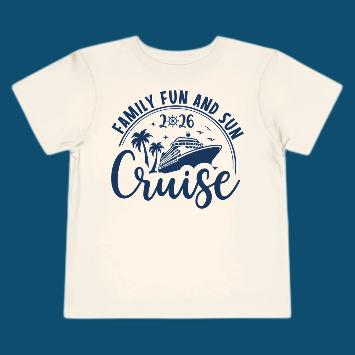 A circular badge design for a family fun and sun cruise 2026, featuring a cruise ship, palm trees, and the text 'Cruise'.