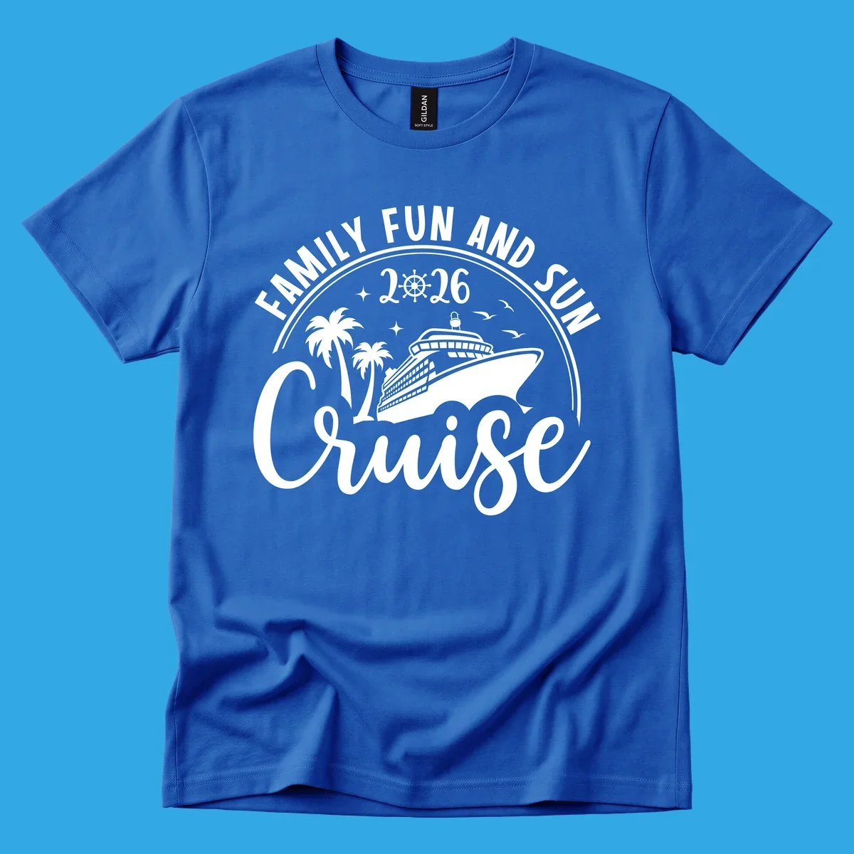 A circular badge design for a family fun and sun cruise 2026, featuring a cruise ship, palm trees, and the text 'Cruise'.