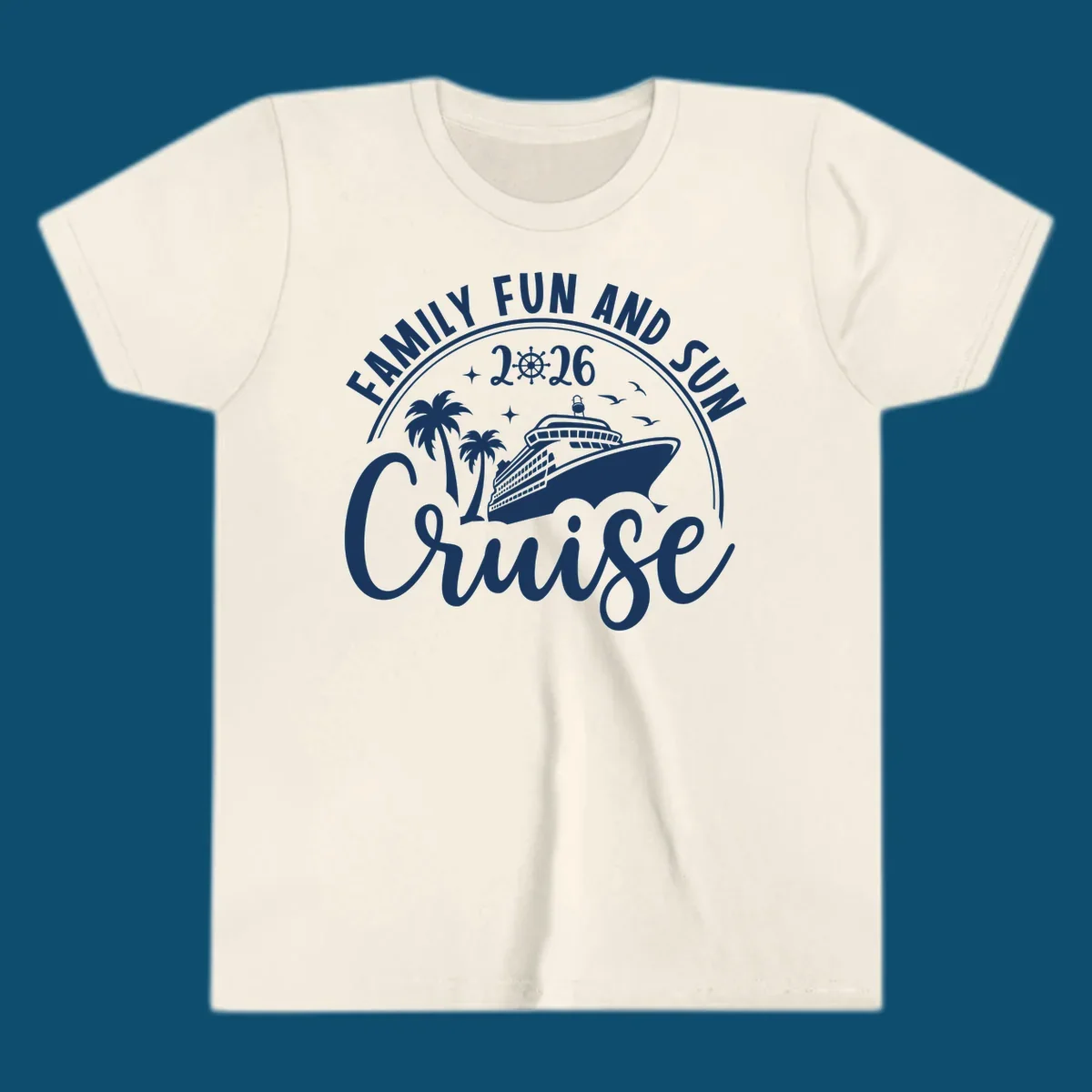A circular badge design for a family fun and sun cruise 2026, featuring a cruise ship, palm trees, and the text 'Cruise'.
