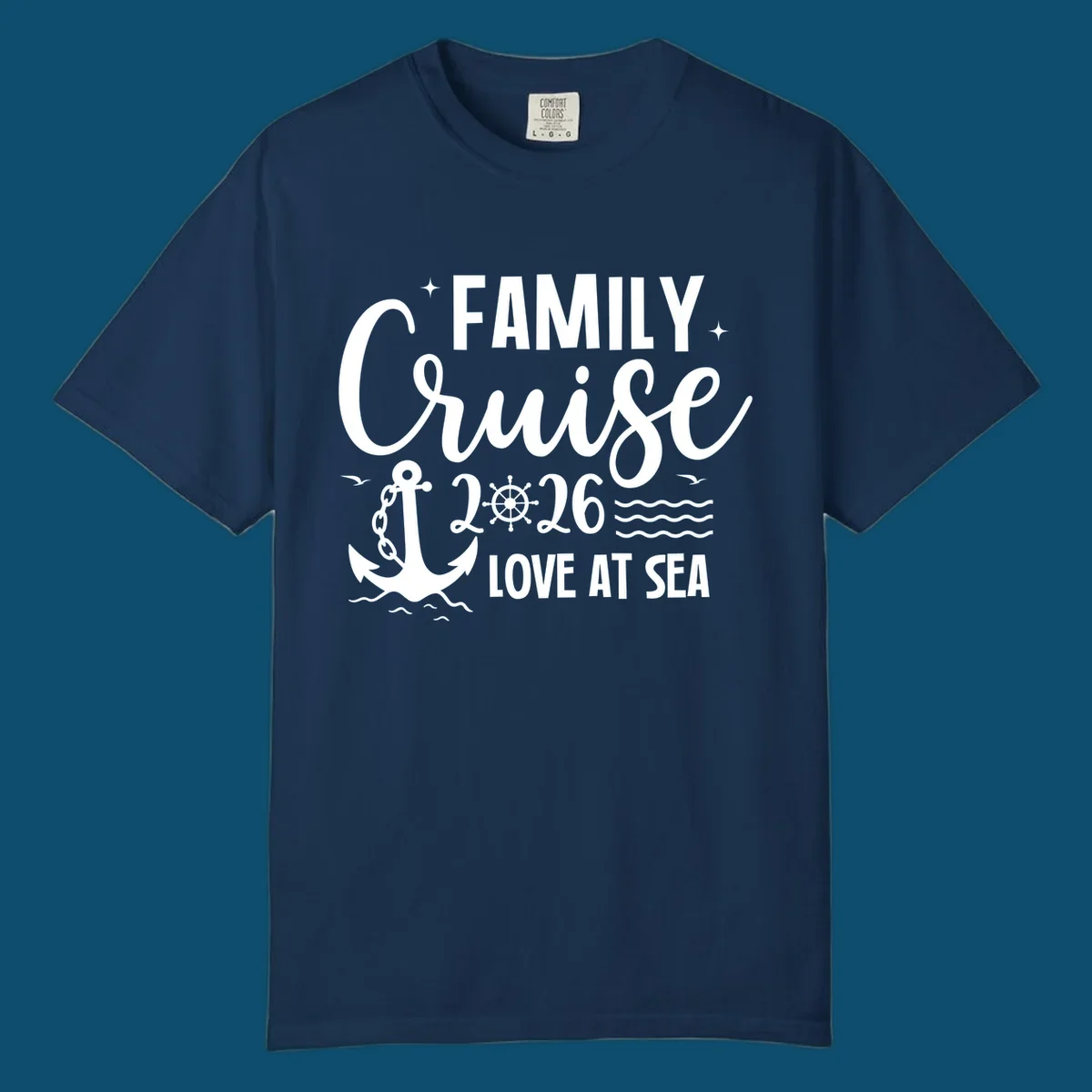 Monochrome family cruise love at sea 2026 design with an anchor, ship's wheel, waves, stars, and birds.