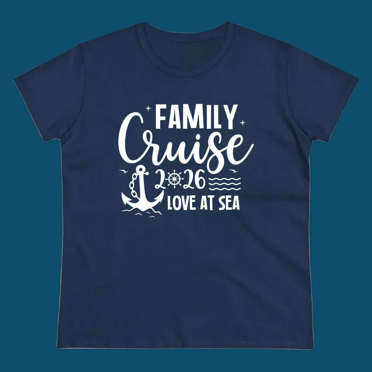 Monochrome family cruise love at sea 2026 design with an anchor, ship's wheel, waves, stars, and birds.