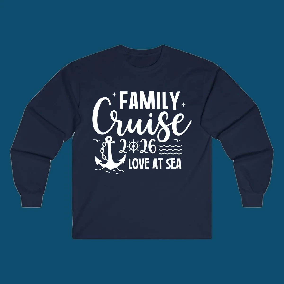 Monochrome family cruise love at sea 2026 design with an anchor, ship's wheel, waves, stars, and birds.