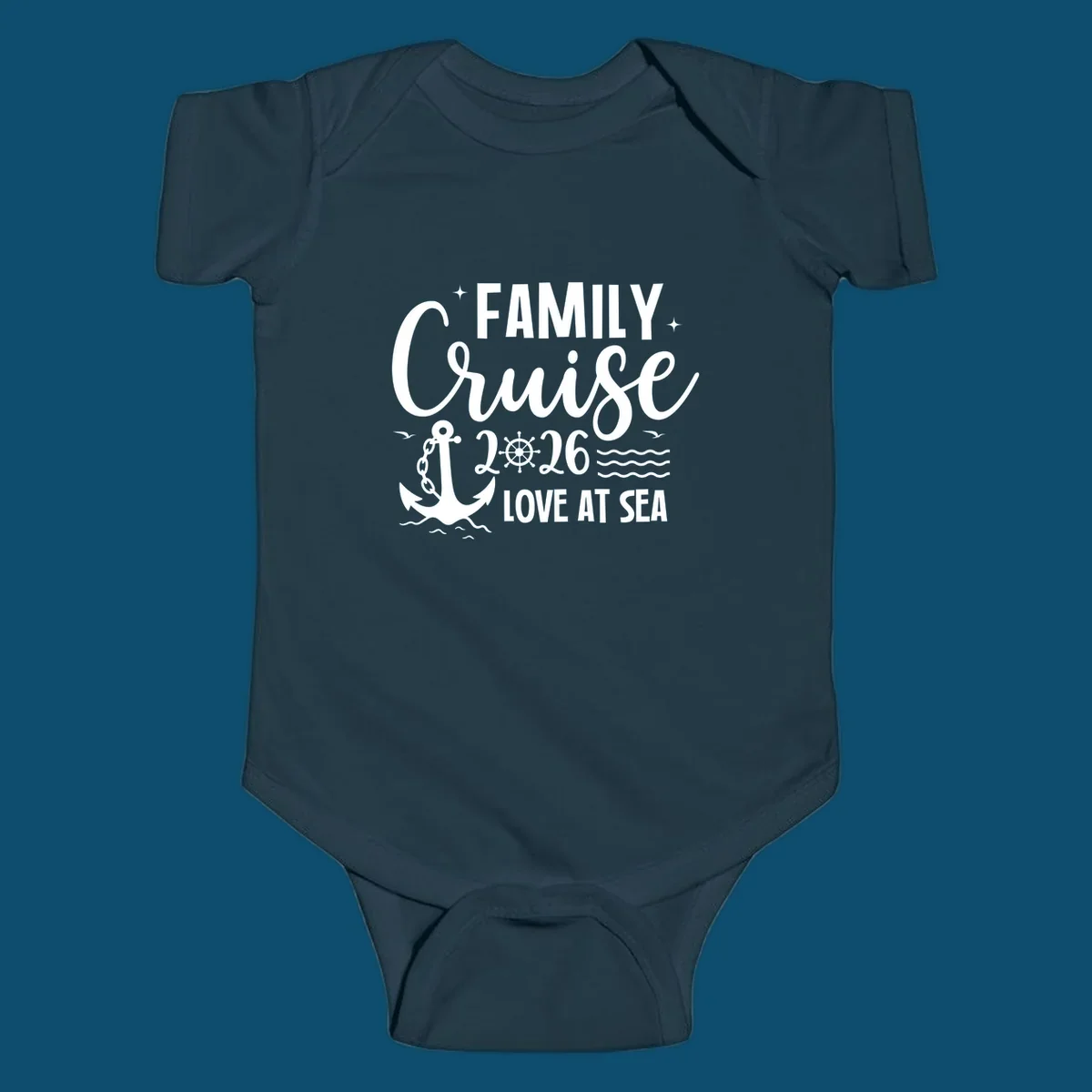 Monochrome family cruise love at sea 2026 design with an anchor, ship's wheel, waves, stars, and birds.