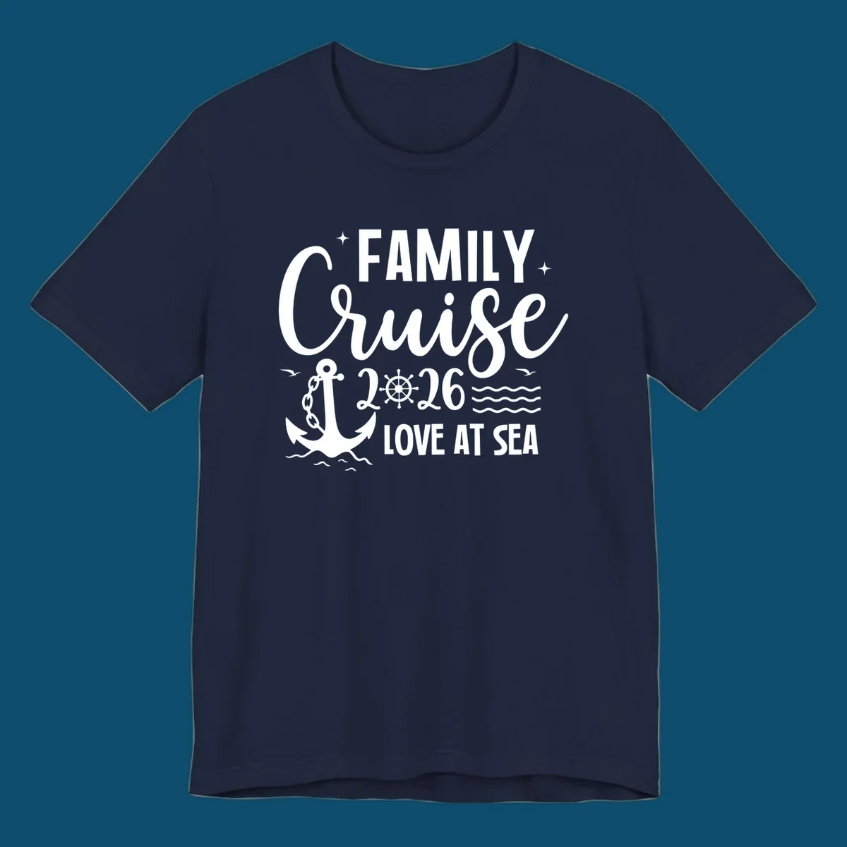 Monochrome family cruise love at sea 2026 design with an anchor, ship's wheel, waves, stars, and birds.