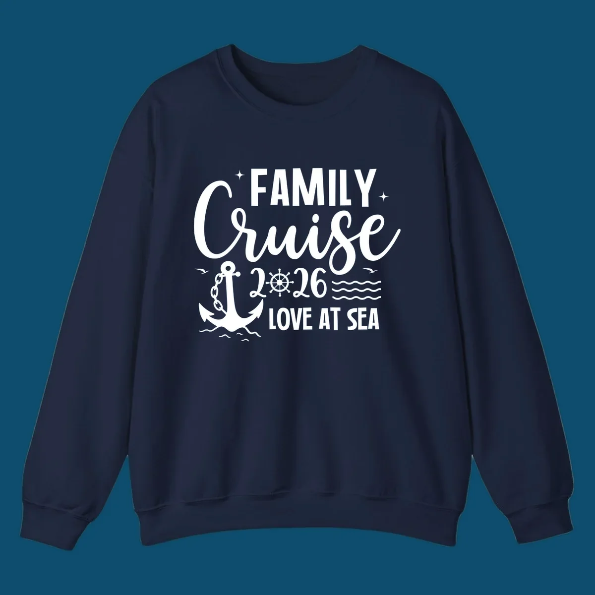 Monochrome family cruise love at sea 2026 design with an anchor, ship's wheel, waves, stars, and birds.