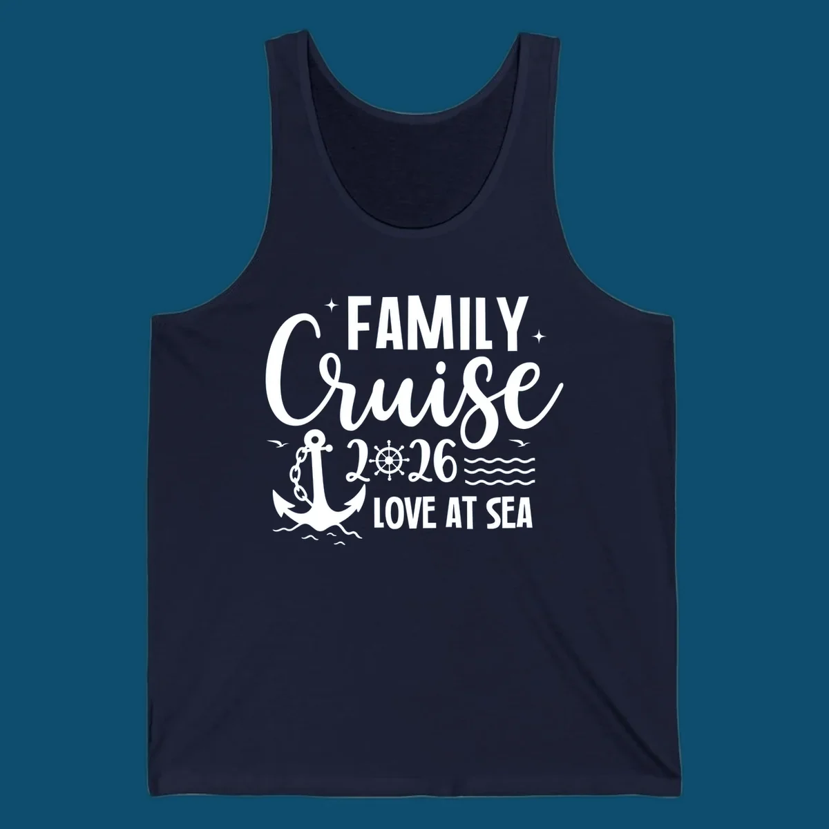 Monochrome family cruise love at sea 2026 design with an anchor, ship's wheel, waves, stars, and birds.