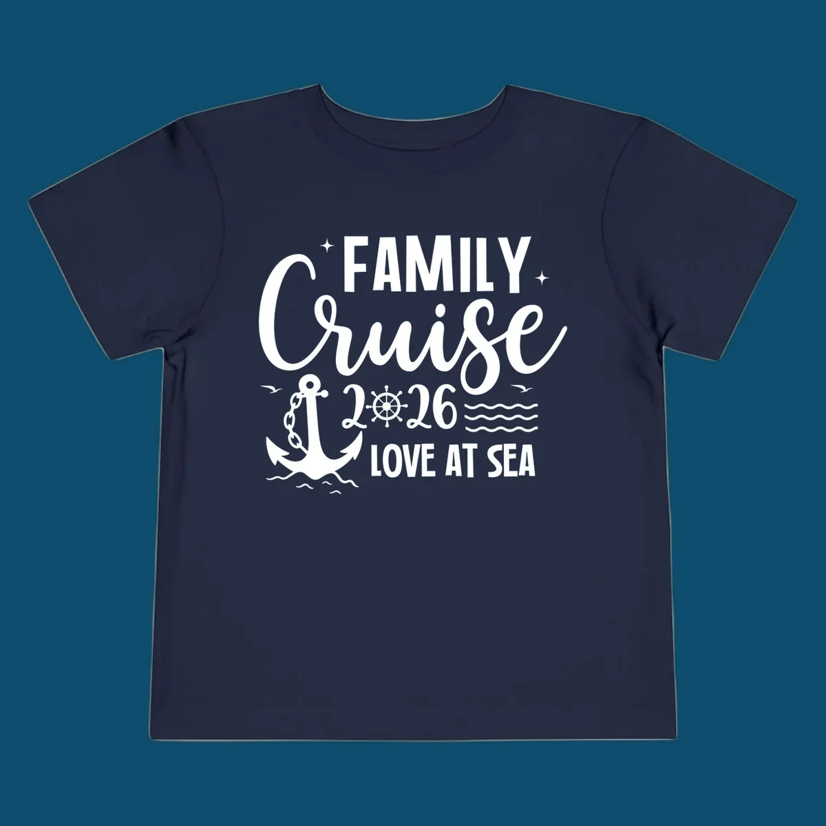Monochrome family cruise love at sea 2026 design with an anchor, ship's wheel, waves, stars, and birds.