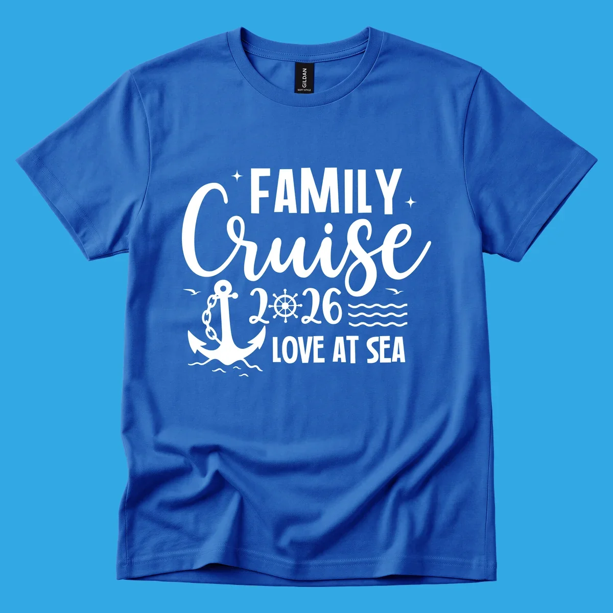 Monochrome family cruise love at sea 2026 design with an anchor, ship's wheel, waves, stars, and birds.