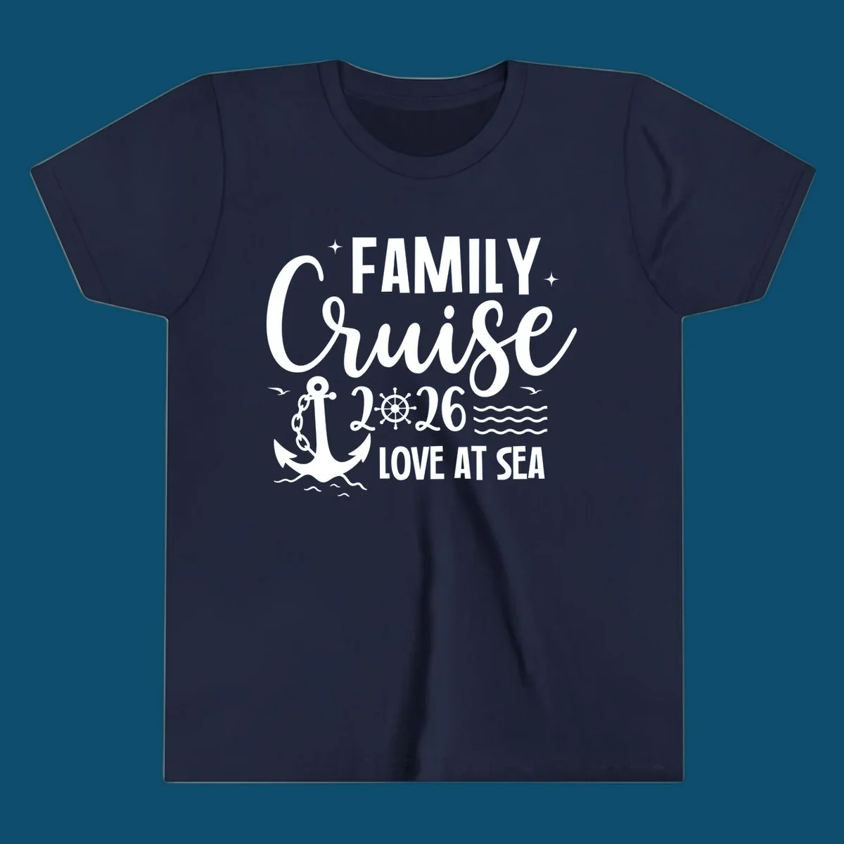 Monochrome family cruise love at sea 2026 design with an anchor, ship's wheel, waves, stars, and birds.