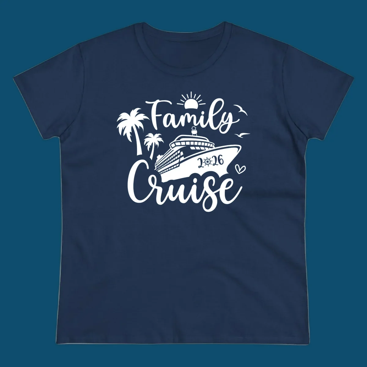 A white family cruise 2026 vacation design with a cruise ship, palm trees, sun, seagulls, and script text.
