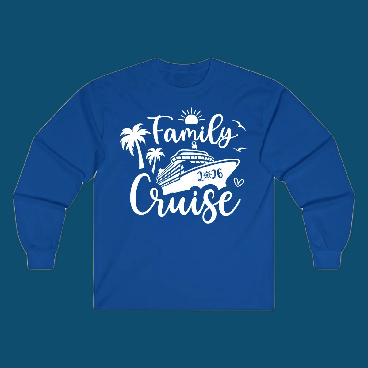 A white family cruise 2026 vacation design with a cruise ship, palm trees, sun, seagulls, and script text.