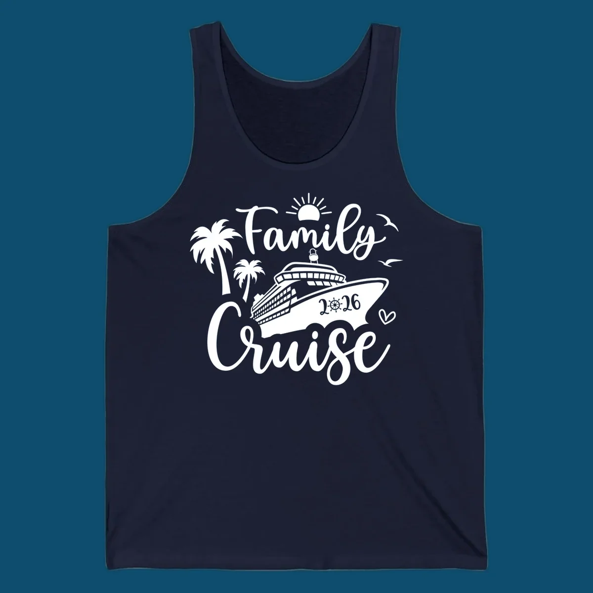 A white family cruise 2026 vacation design with a cruise ship, palm trees, sun, seagulls, and script text.
