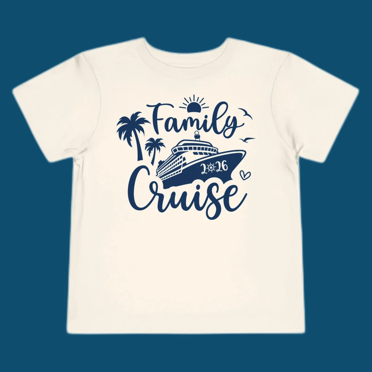 A white family cruise 2026 vacation design with a cruise ship, palm trees, sun, seagulls, and script text.