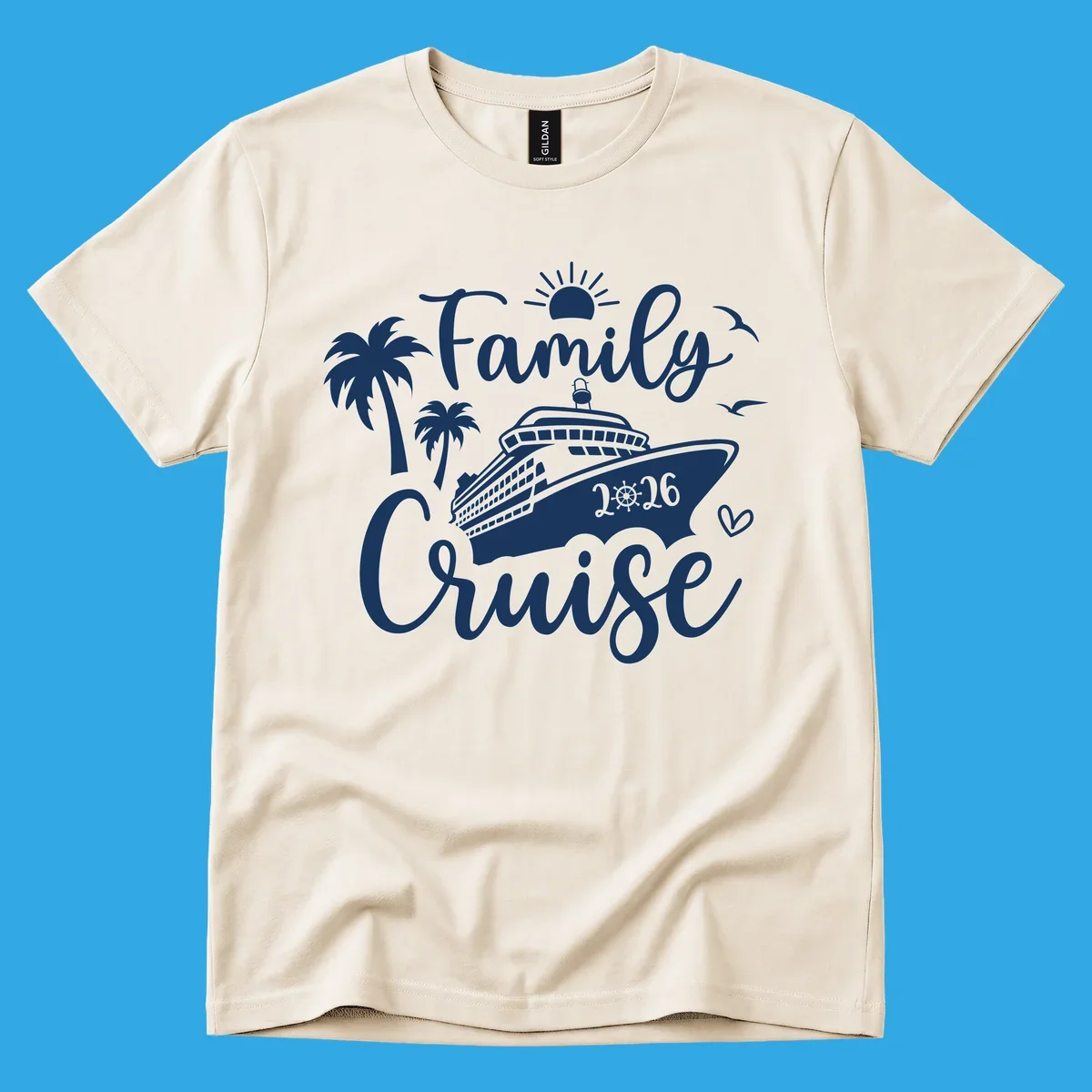 A white family cruise 2026 vacation design with a cruise ship, palm trees, sun, seagulls, and script text.