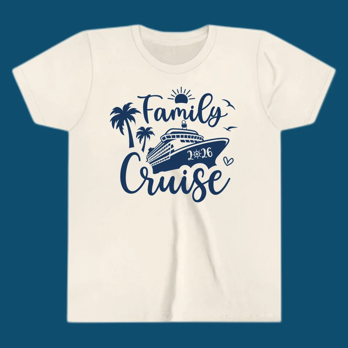 A white family cruise 2026 vacation design with a cruise ship, palm trees, sun, seagulls, and script text.