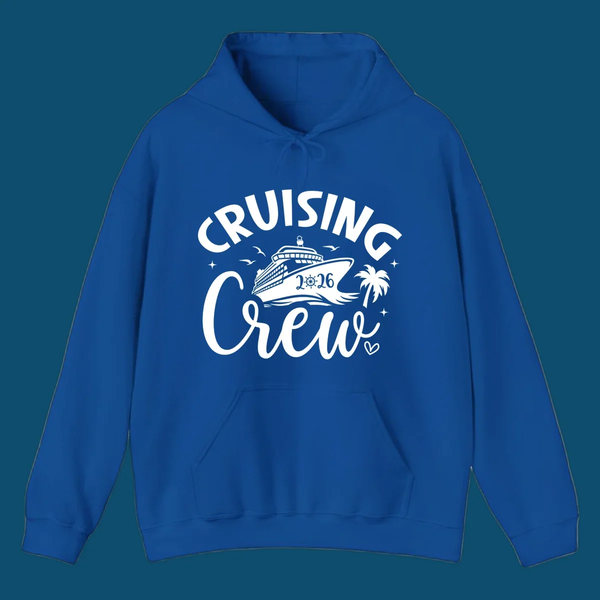 A white and dark blue design for a cruising crew 2026 vacation showing a cruise ship, palm tree, seagulls, and 'CRUISING CREW 2026' text.