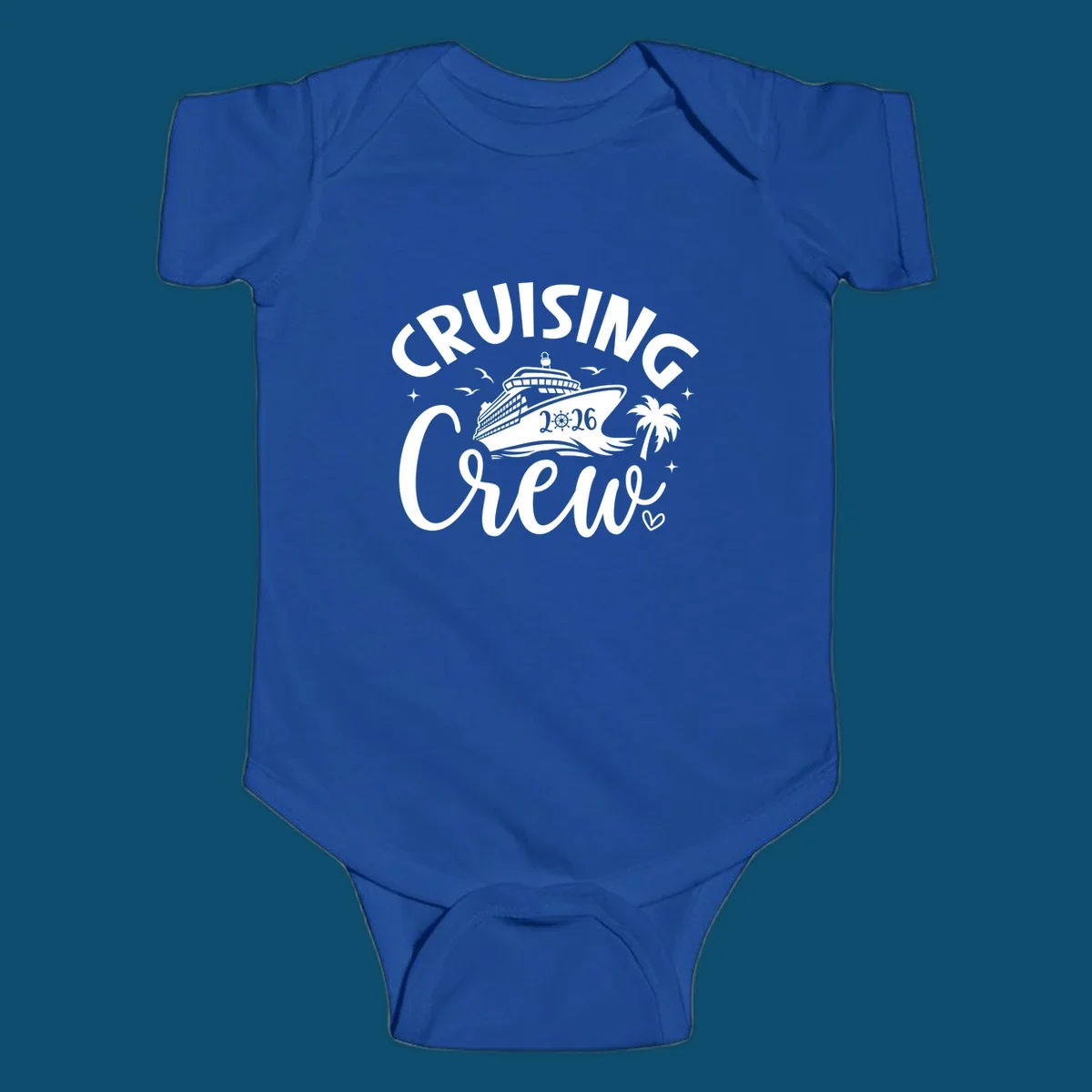 A white and dark blue design for a cruising crew 2026 vacation showing a cruise ship, palm tree, seagulls, and 'CRUISING CREW 2026' text.