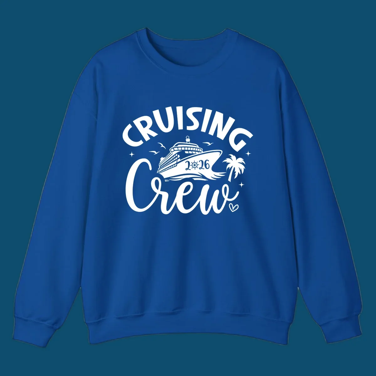 A white and dark blue design for a cruising crew 2026 vacation showing a cruise ship, palm tree, seagulls, and 'CRUISING CREW 2026' text.