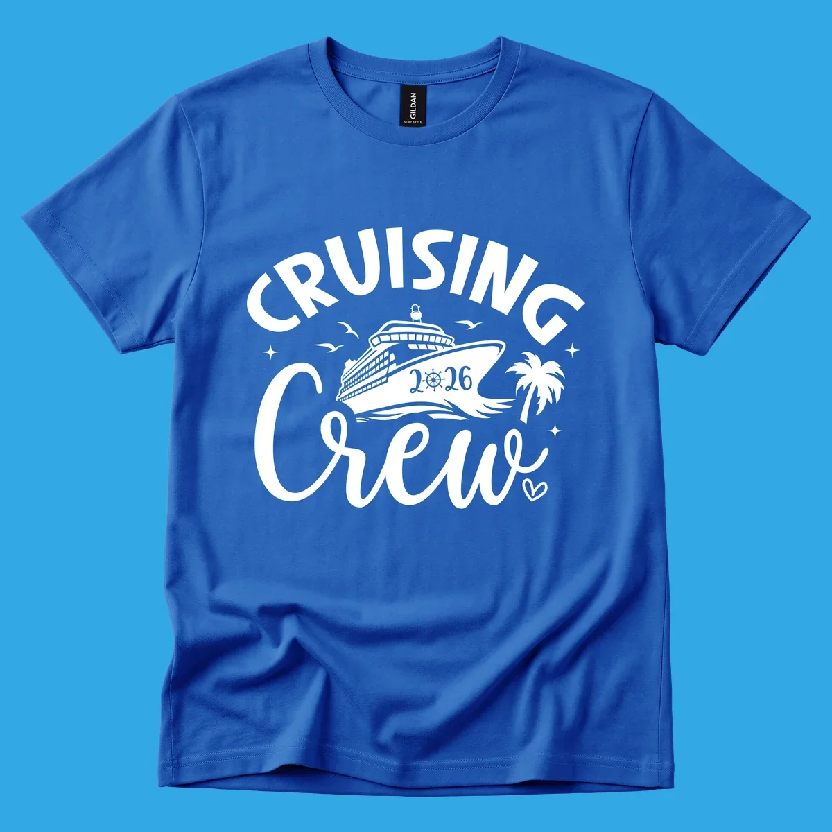 A white and dark blue design for a cruising crew 2026 vacation showing a cruise ship, palm tree, seagulls, and 'CRUISING CREW 2026' text.