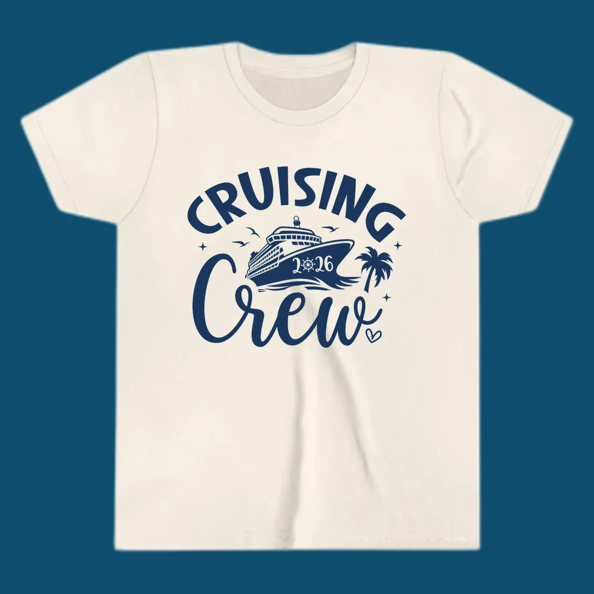 A white and dark blue design for a cruising crew 2026 vacation showing a cruise ship, palm tree, seagulls, and 'CRUISING CREW 2026' text.