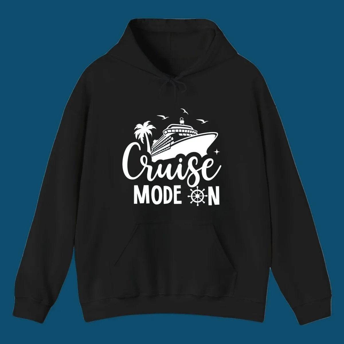A graphic of a cruise ship, palm tree, and seagulls above the text 'Cruise MODE ON' with a ship's wheel. This is a cruise-mode-on-ship design.