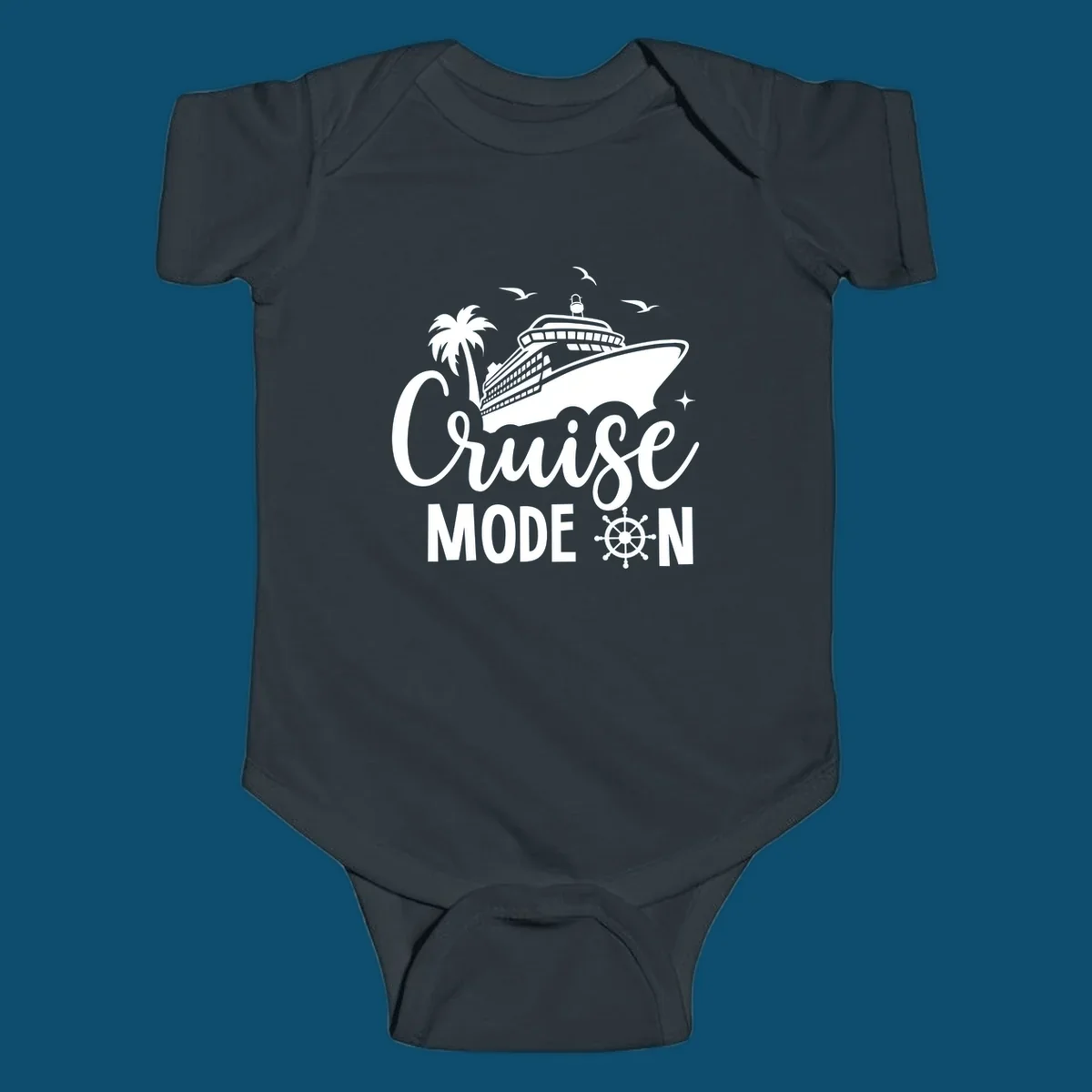 A graphic of a cruise ship, palm tree, and seagulls above the text 'Cruise MODE ON' with a ship's wheel. This is a cruise-mode-on-ship design.
