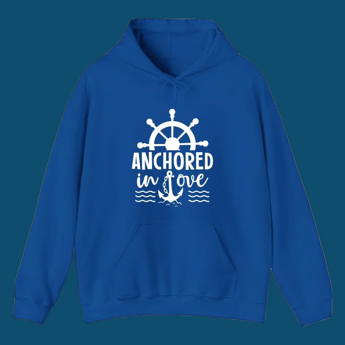 A graphic featuring a ship wheel above the text 'ANCHORED in love' with an anchor and waves below, ideal for an anchored-in-love-cruise.