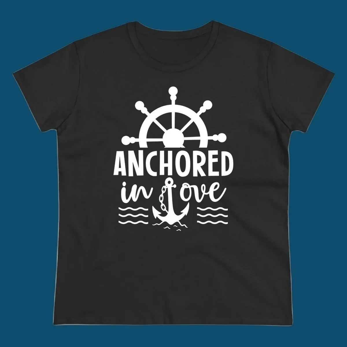A graphic featuring a ship wheel above the text 'ANCHORED in love' with an anchor and waves below, ideal for an anchored-in-love-cruise.