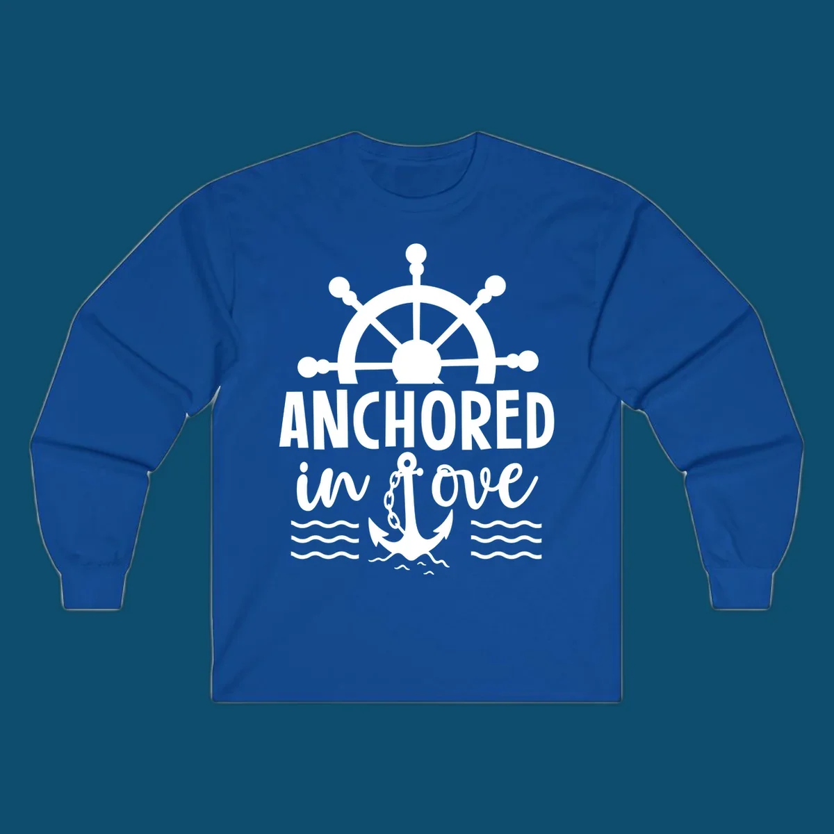 A graphic featuring a ship wheel above the text 'ANCHORED in love' with an anchor and waves below, ideal for an anchored-in-love-cruise.