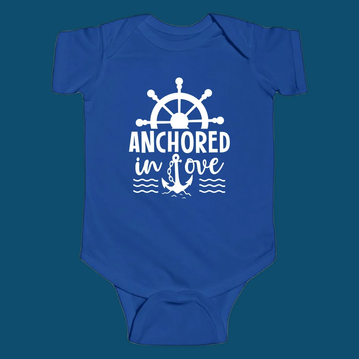 A graphic featuring a ship wheel above the text 'ANCHORED in love' with an anchor and waves below, ideal for an anchored-in-love-cruise.