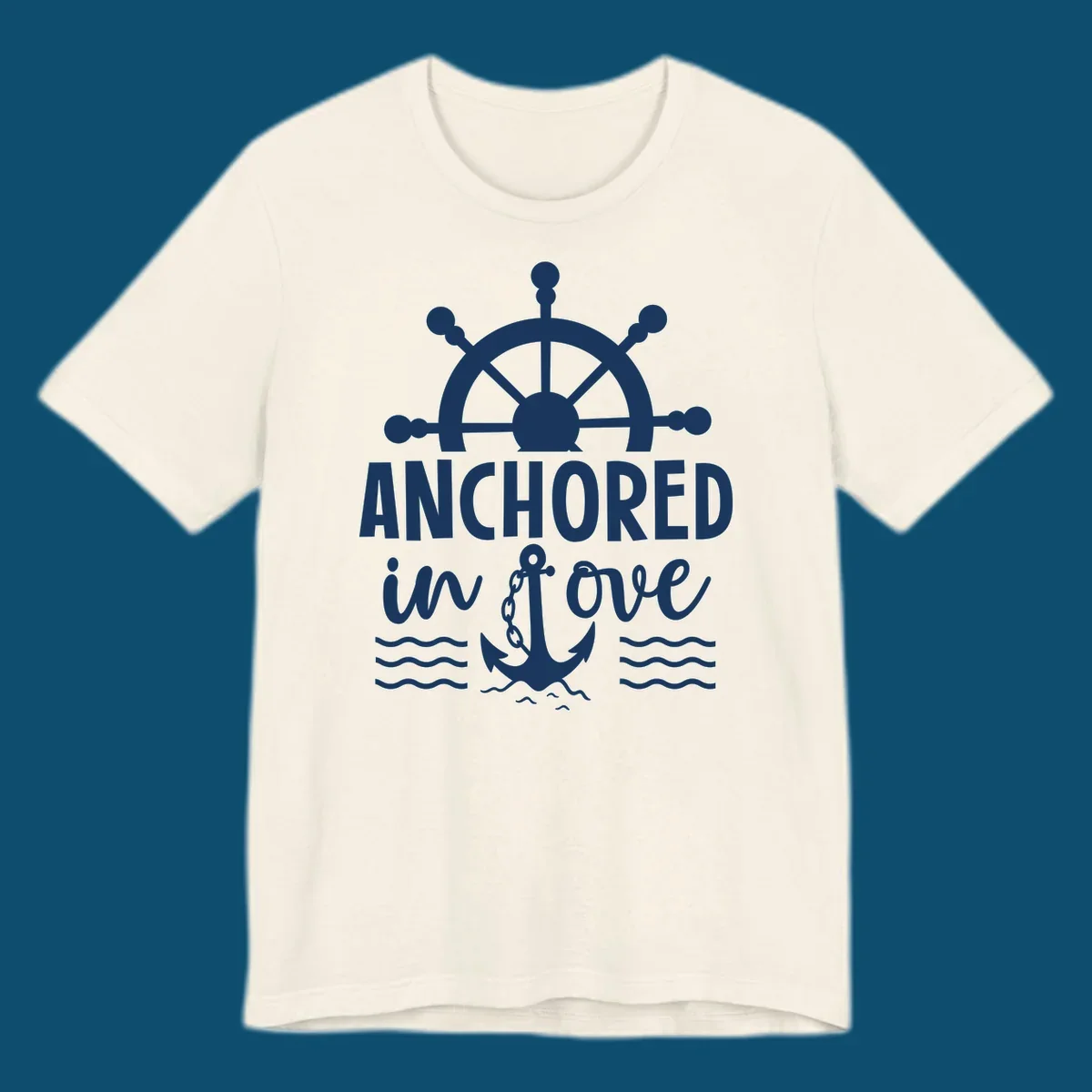 A graphic featuring a ship wheel above the text 'ANCHORED in love' with an anchor and waves below, ideal for an anchored-in-love-cruise.