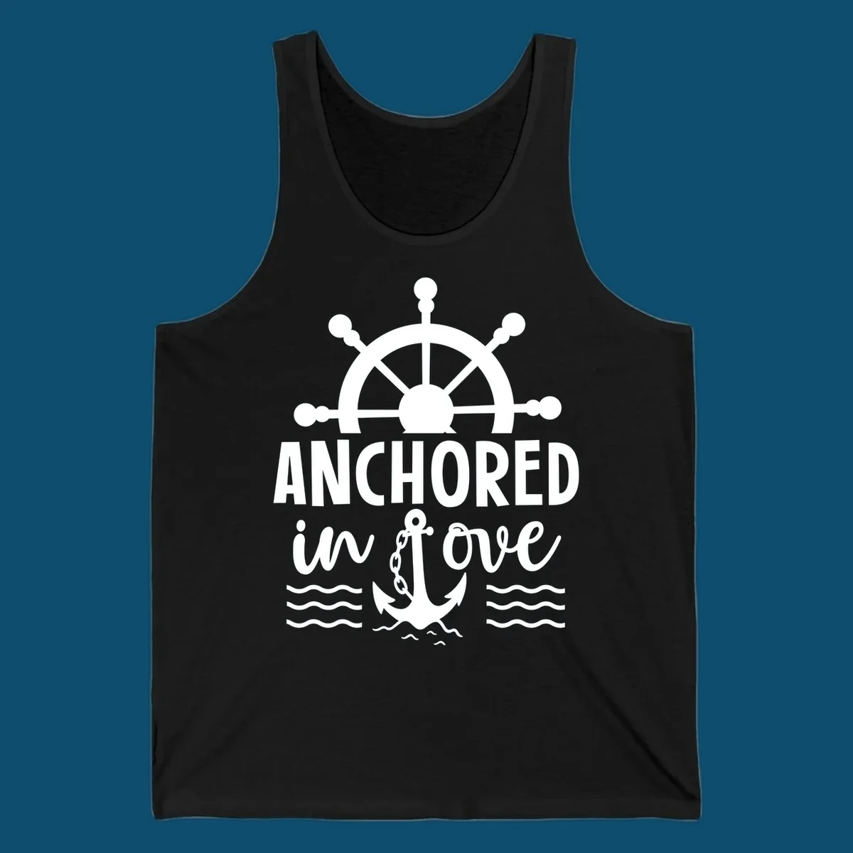 A graphic featuring a ship wheel above the text 'ANCHORED in love' with an anchor and waves below, ideal for an anchored-in-love-cruise.