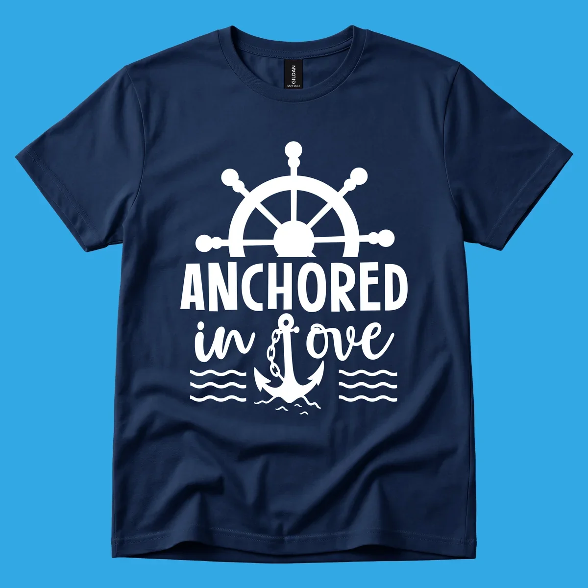 A graphic featuring a ship wheel above the text 'ANCHORED in love' with an anchor and waves below, ideal for an anchored-in-love-cruise.