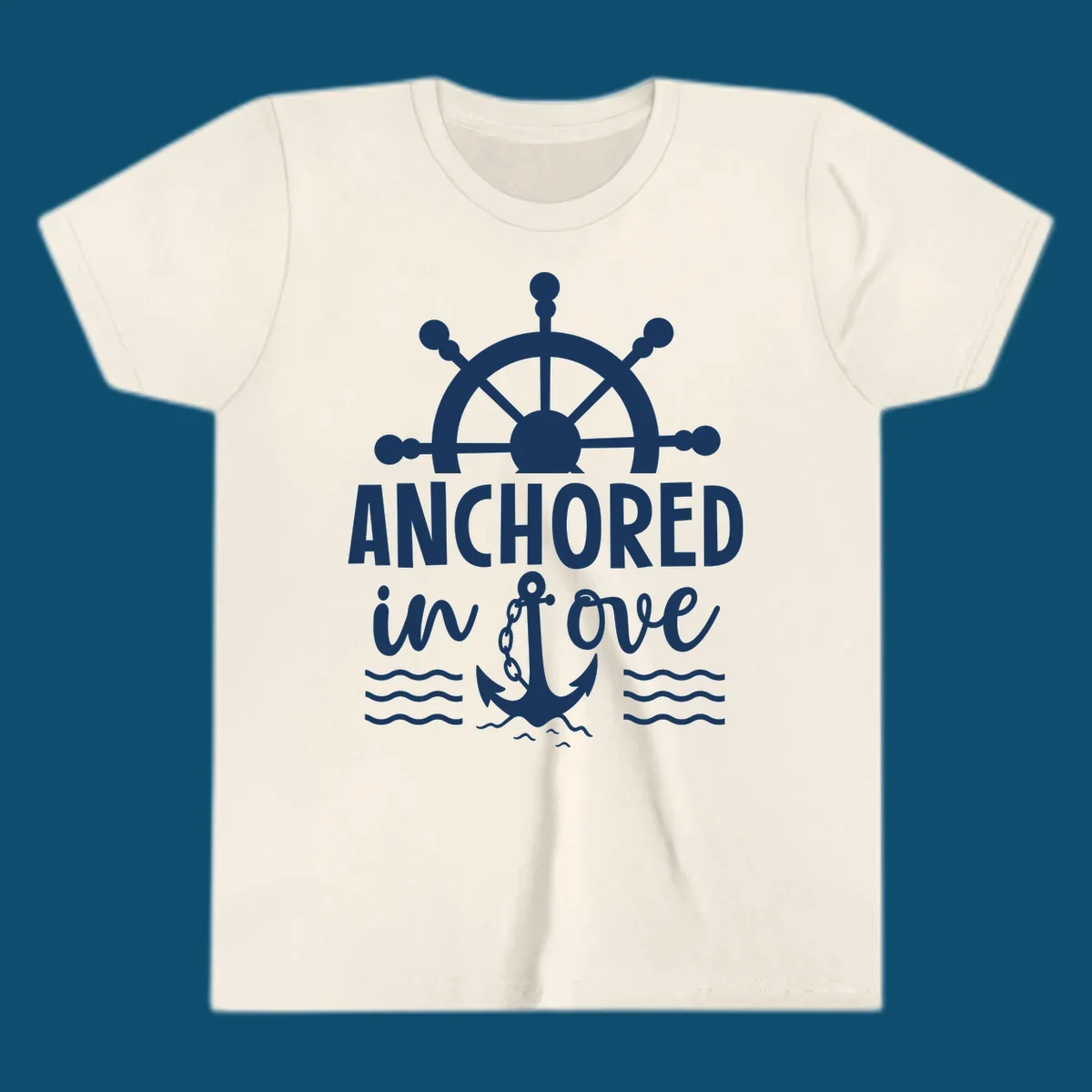 A graphic featuring a ship wheel above the text 'ANCHORED in love' with an anchor and waves below, ideal for an anchored-in-love-cruise.