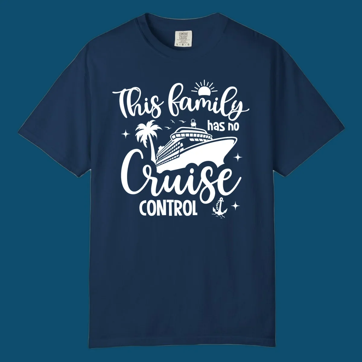 A white graphic features a cruise ship, palm tree, sun, and anchor with the text 'This family has no cruise control'.