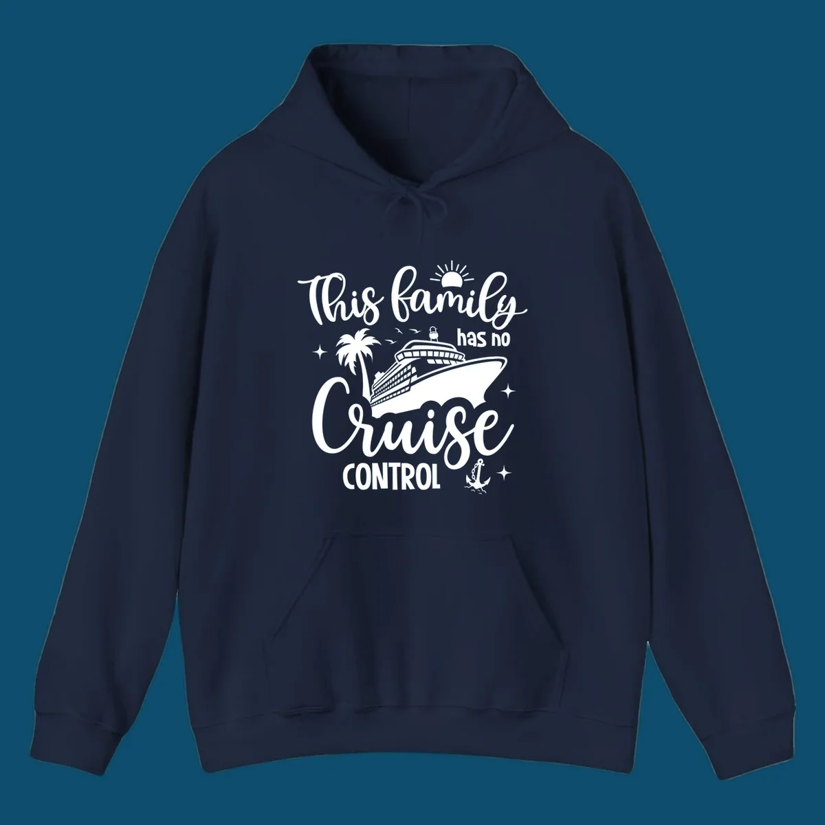 A white graphic features a cruise ship, palm tree, sun, and anchor with the text 'This family has no cruise control'.