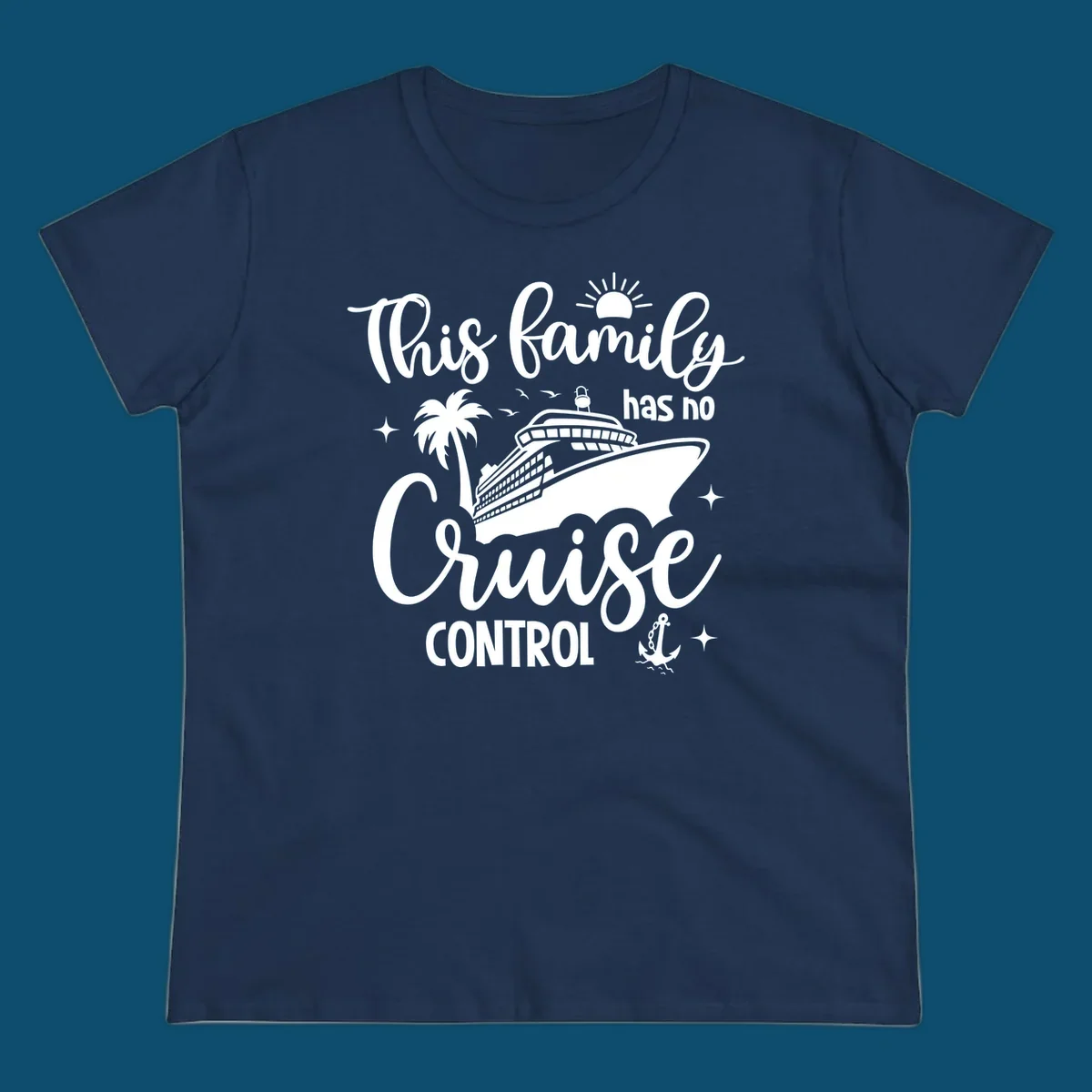 A white graphic features a cruise ship, palm tree, sun, and anchor with the text 'This family has no cruise control'.